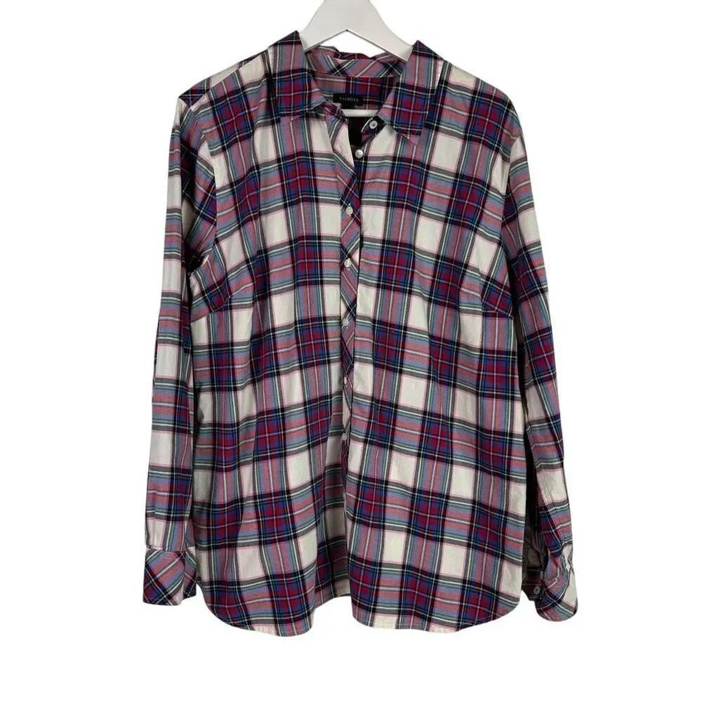 Talbots XL Cotton Plaid Long Sleeve Top Blouse